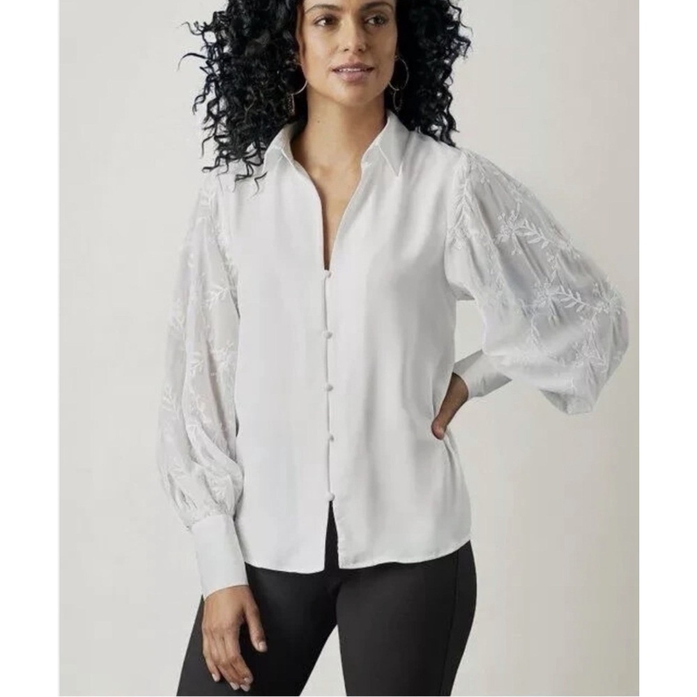 Soft Surroundings Size-L Womens White Blouse Shirt Embroidered Long Sleeves